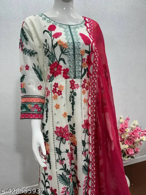 New designer Georgette Pakistani work suit with short sleeves and printed net pattern, vibrant for party wear on model