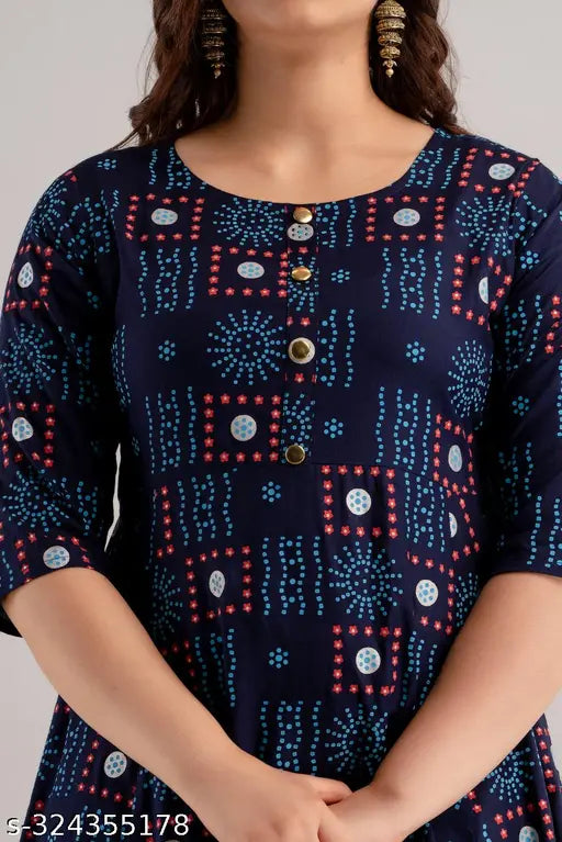 Rayon printed Anarkali flared kurta for women - elegant, modern style-statement, Indian abstract print, round neck, three-quarter sleeves, calf length