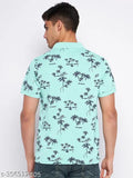 Mens cotton blend polo neck t-shirt, aqua color with printed pattern, short sleeves, regular fit