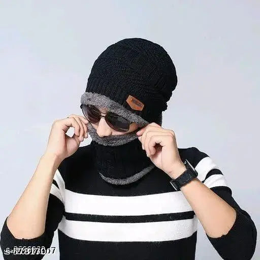 Black acrylic unisex beanie cap set with muffler scarf (India-made)