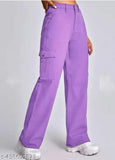Lavender denim cotton blend high-rise cargo pants for woman with four pockets and stretchable design, size 26, 28, 30, 32
