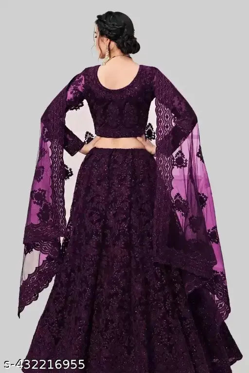 Purple embroidered net wedding lehenga choli with embellished dupatta, semi-stitched (44in/42in/12in), Indian origin