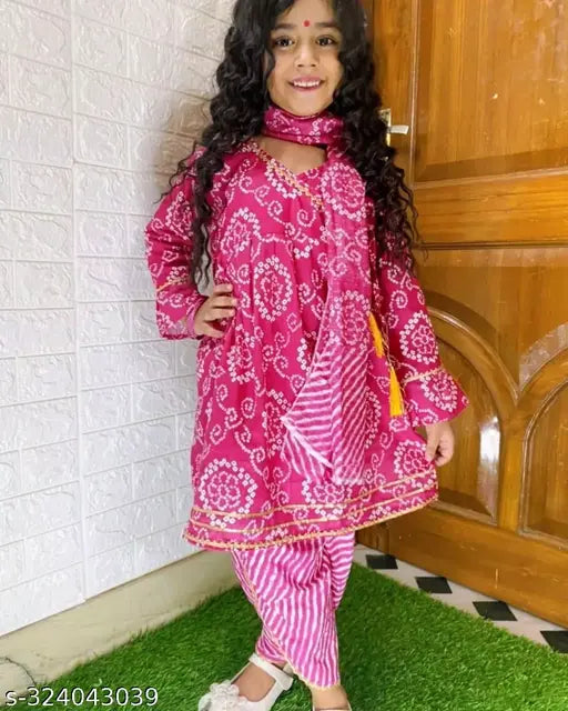 Cotton Bandhni dhoti peplum with printed dupatta for traditional Indian attire, size 12-24 months