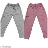 Grey and Onion Cotton Blend Solid Cargo Lower Trouser and Pant Set - Soft, Comfortable, and Stylish