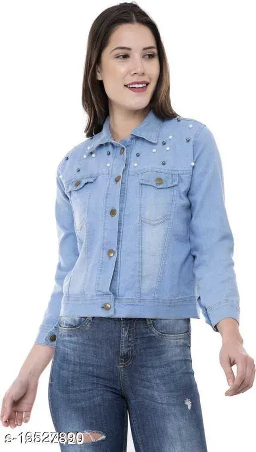 Solid women's denim jacket, long sleeves, 3/4th sleeve length, made in India