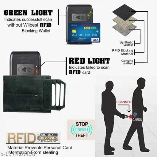 Black genuine leather RFID wallet with 12 slots, solid design, perfect size for front and back pockets