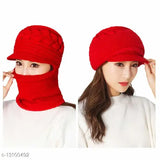 Red wool winter knit hat with ski visor & neckwarmer, PinKit women's cold-weather accessory