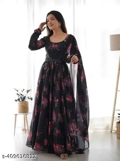 Georgette printed Maya gown with duppatta set, heavy georgette fabric, long sleeves, vibrant Indian print