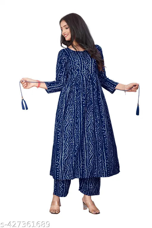 Navy Blue Long Sleeves Alia Cut Rayon Cotton Badhani Type Long Kurta with Palazzos - Printed net design, three-quarter sleeves, single size available in multiple sizes (S, M, L)