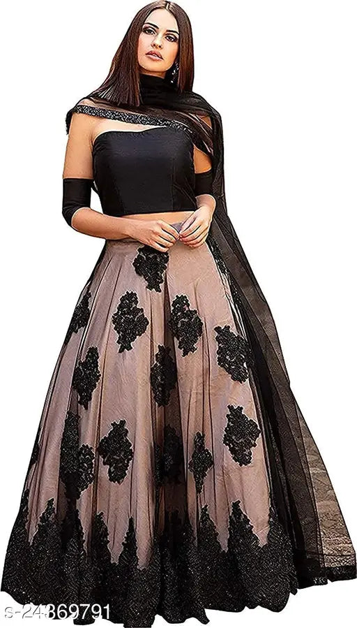 Black sen Women satin top with net bottom and embellished dupatta, semi-stitched free size (Lehenga waist 39m, length 44m, dupatta length 2.25m). Indian traditional ethnic wear set on display