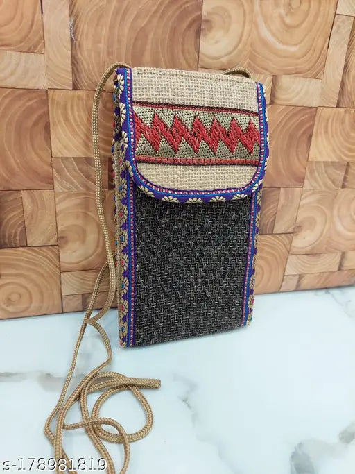 Jute mobile cover sling for girls, self-designed pattern, free size, India origin