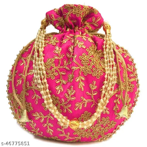 Embroidered net fabric Green-Pink Potli bag set, Indian handcrafted accessory, 2 bags size 21x22 cm