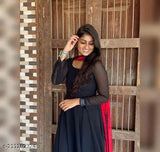 Trandy black Georgette long-sleeve evening gown with dupatta, solid pattern. Indian formal wear for women