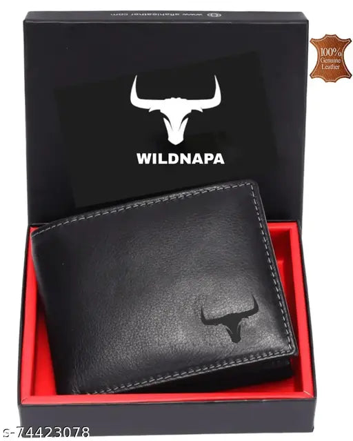High-quality black full-grain leather RFID protected men's wallet, featuring 2 cash compartments, 8 card slots, and a coin pocket. Comes with gift box. Perfect for Diwali, Christmas, or other special occasions
