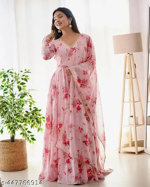 Pink georgette V-Neck Anarkali gown with dupatta, floral printed for women