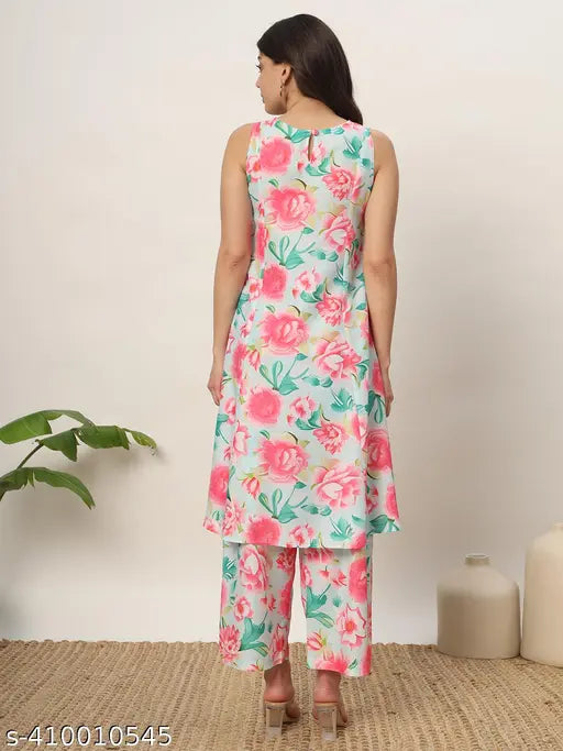 Pink cotton blend A-Line Kurta set with palazzo pants, featuring floral print, Made in India