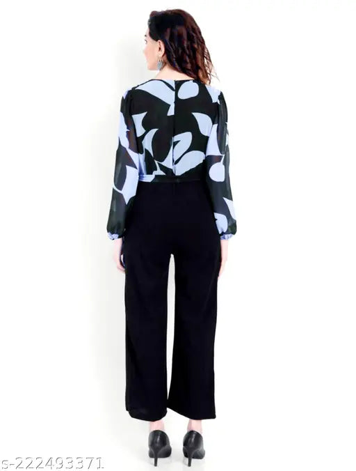 Printed georgette jumpsuit for women, long-sleeved, vibrant pattern on display. Available sizes: XS-XXXXL, Indian-made clothing