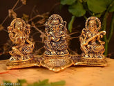 Gold-plated metal Laxmi Ganesh Saraswati decorative showpiece with diya on leaf, 105cm, Indian handcrafted religious figure for Vastu, home, temple, office, gifting, and blessings