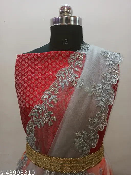 Red organza lehenga choli set with silver net dupatta, unstitched, embroidered South Indian style, in box: 1 lehenga, 3m dupatta, blouse piece, belt - Indian origin