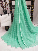 Chiffon lace border saree with solid net embellished blouse, free size, trending party wear