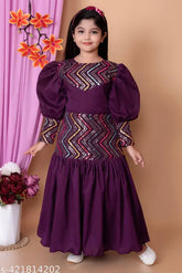 Premium cotton long dress, short sleeves, printed net pattern in vibrant colors for girls aged 1-11 years. Soft fabric, round neck design, comfortable wear