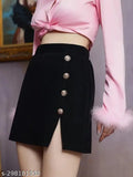 Mini black polyester shorts skirt with critivi design for women, solid net, elegantly crafted wardrobe essential