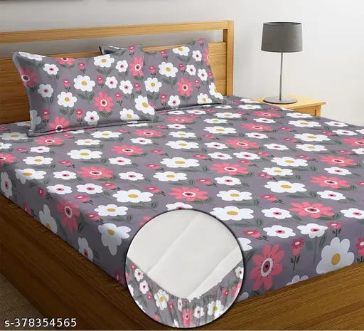 Elastic fitted Galace cotton double bedsheet & pillow covers (78x78), floral print, 220 thread count, India origin - for a stylish and cozy bedroom upgrade