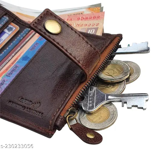 Brown genuine leather RFID wallet, 5 compartments, textured pattern, elevate everyday carry