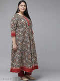 Brown cotton three-quarter sleeve ethnic motif kurti, printed combo, plus size, Yash Gallery, Indian Anarkali style