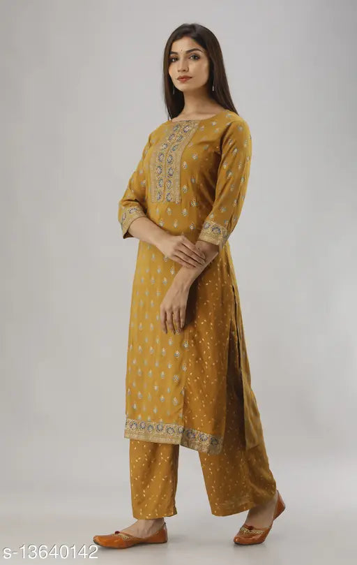 Women's rayon slub printed long kurti with palazzos, vibrant straight design and three-quarter sleeves - Indian ethnic fashion set in pack of 2