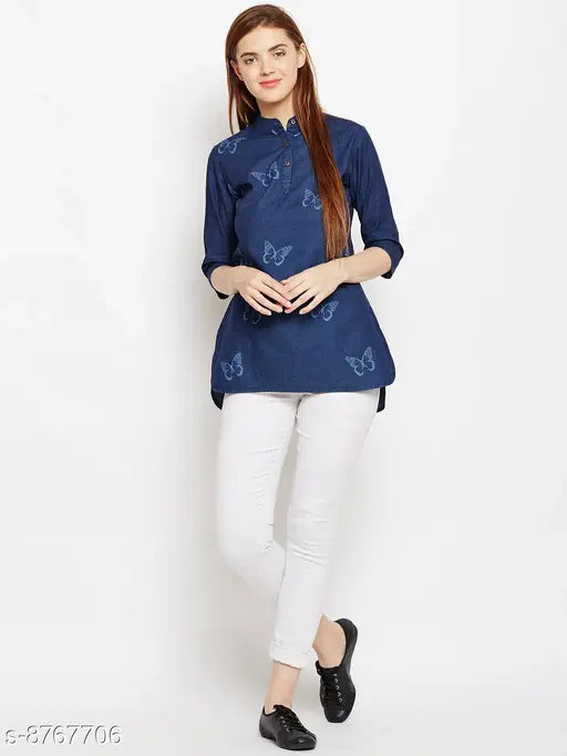Navy blue laser-printed denim tunic by Avyanna Stylis, three-quarter sleeves, printed pattern on women's clothing