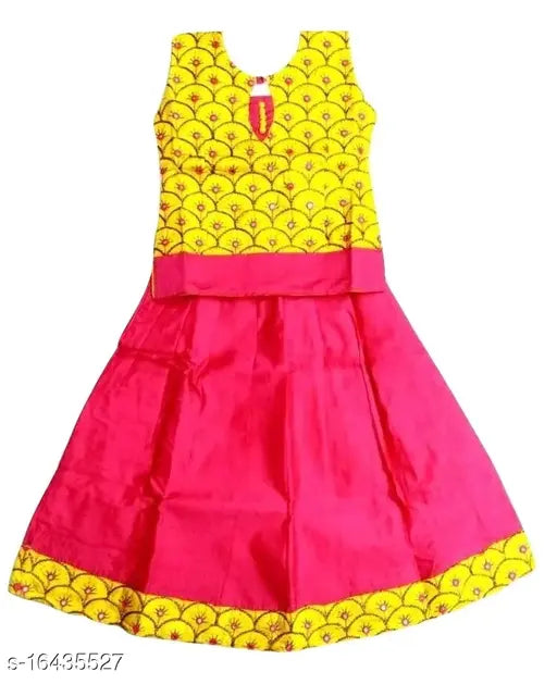 Trendy yellow multicolor South Indian Pattu Pavadapattu lehenga-choli for baby girls, art silk fabric