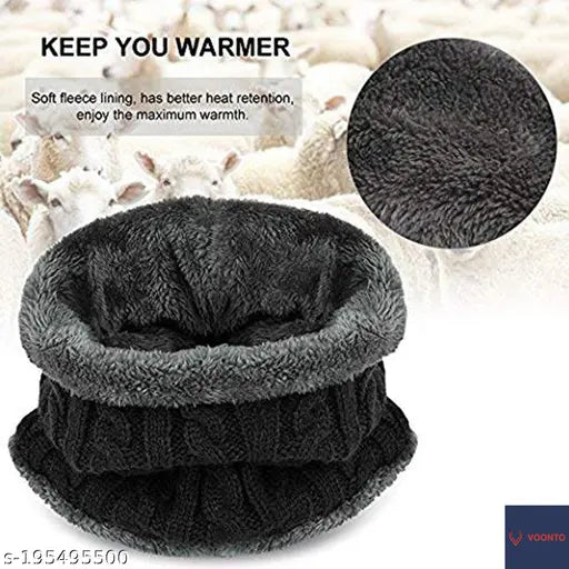 Black VOONTO winter beanie hat with scarf set, knit from acrylic, fur, and wool - ideal for men & women during outdoor activities like skiing or cycling