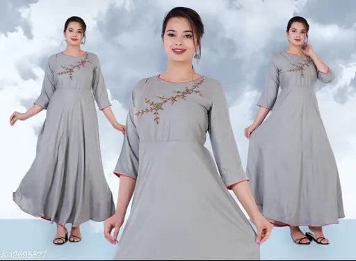 Rayon grey embroidered kurti with three-quarter sleeves, handwork style from India