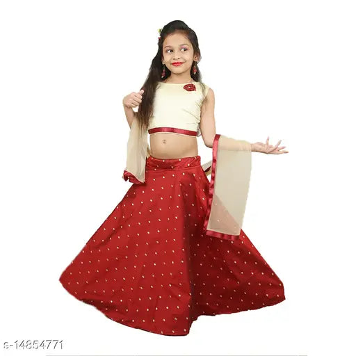 Maroon embroidered silk blend Lehenga Choli set with net dupatta, western wear for baby girls, self-design patterns, sleeveless, Indian origin