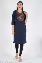 Wool winter kurti for women, embroidered design, three-quarter sleeves, L (Bust Size 40in, Size Length 42in), Indian craftsmanship