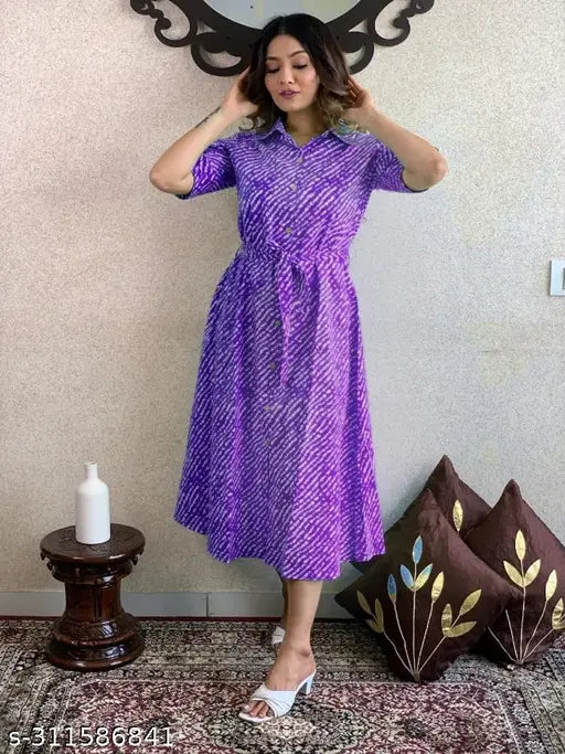 Purple dyed/washed Lehriya short-sleeve shirt-style kurti, regal and sophisticated, Indian origin