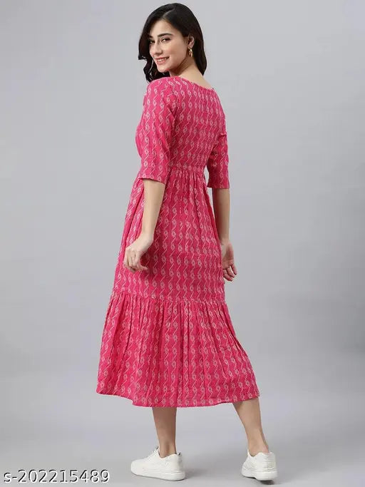 Pink cotton blend flared kurta with printed combo, three-quarter sleeves for women, Indian fashion