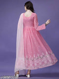 Indian embroidered georgette anarkali gown, long sleeves with embellished net pattern. XL (Bust 44in, Length 23in)