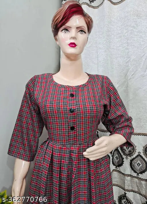 Woolen maroon checkered kurti with three-quarter sleeves and front slit - perfect for casual or formal winter wear
