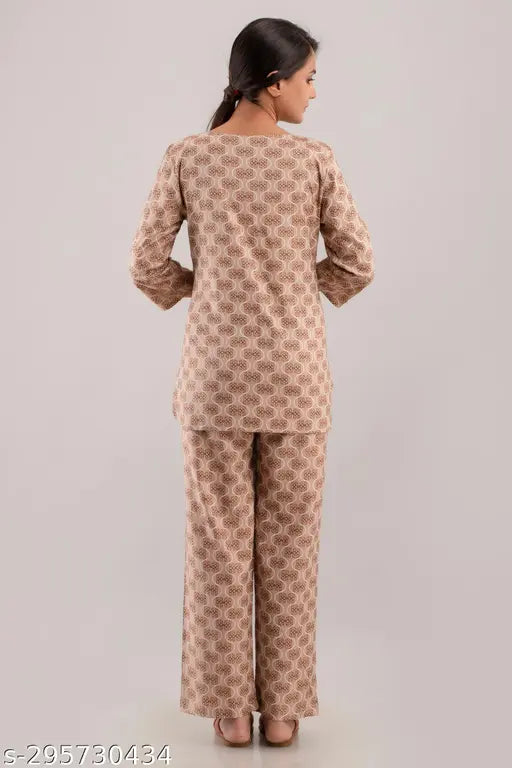 Floral print rayon top and pyjama cord nightsuit set, stylish co-ord set with sweetheart neck and three-quarter sleeves, available in various sizes from S to XXL. Made in India