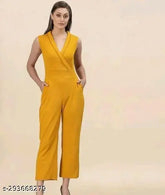 Trendy viscose v-neck jumpsuit for women, sleeveless and solid pattern, size M (Bust 36in, Length 54in, Waist 30in, Hip 38in), Indian origin