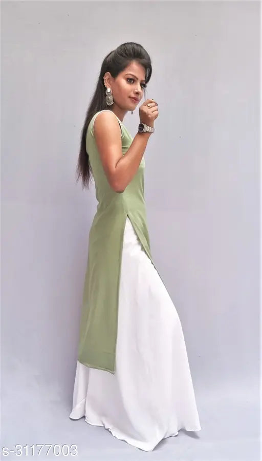 Diyaz women's crepe kurta sets in solid patterns, suitable for Western looks and paired with palazzo bottoms. Indian-made modern western wear for XS to XXXL sizes