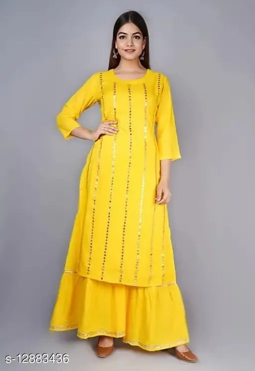 Rayon embellished net kurta set with sharara in vibrant Indian fashion, three-quarter sleeves, sizes M, L, XL, XXL