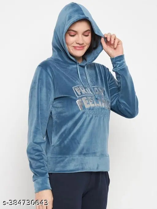 Velvet embroidered women's hoodie with 2 pockets, winter-ready, made in India