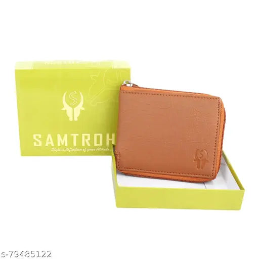 Tan faux leather bi-fold wallet with 2 compartments, free size (11cm x 9cm), ideal for men's stylish essentials