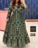 Gold rayon long-sleeved anarkali gown with trendy golden print, traditional Indian dress on mannequin for size S (bust 36in)