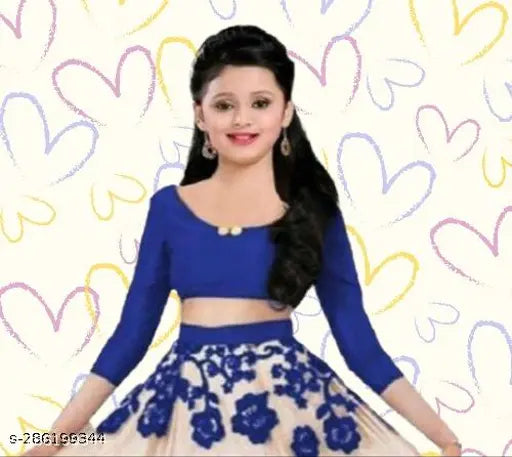 Embroidered kids lehenga set, net with semi-stitched solid top and three-quarter sleeves, in various sizes from 8-12 years old, made in India