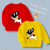 Red & gold kids fleece sweatshirt combo, full sleeves, printed dog design for boys and girls, warm winter wear, machine washable, pack of 2