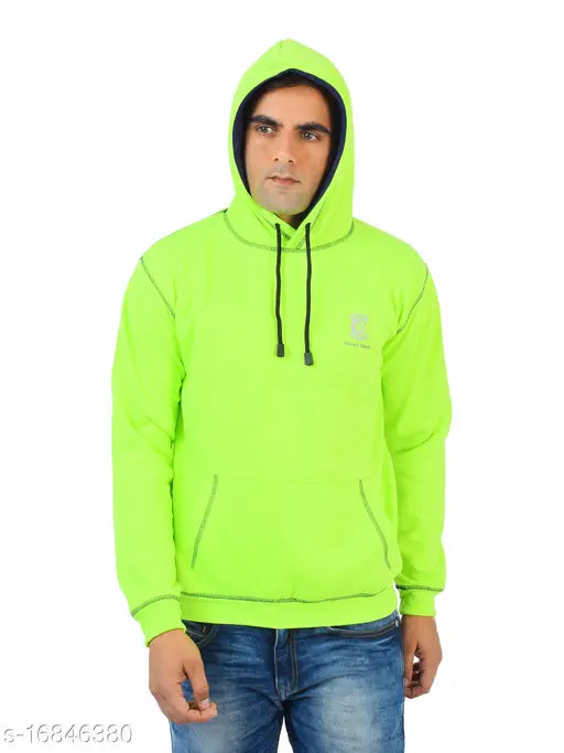 Neon green cotton blend sweatshirt, men's full sleeve kangaroo pocket pullover hoodie - CKHD03-02, size S for a 38" bust and 25" length